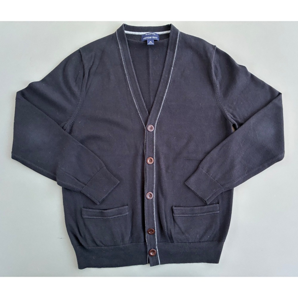 Lands' End Supima Cotton Cardigan Sweater Black V-Neck Collegiate Preppy M 38-40